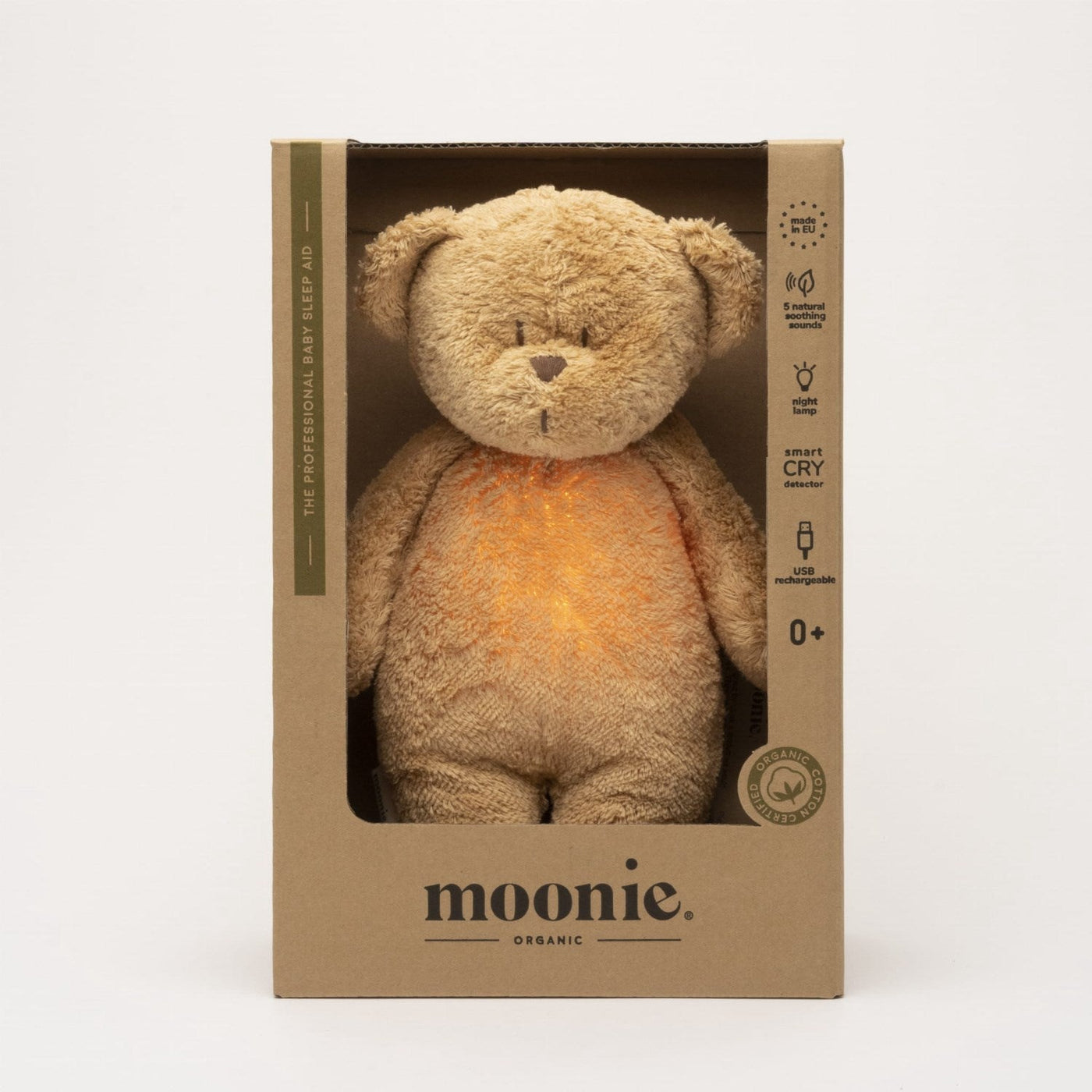 Moonie Cappucino 2.0 Organic Humming Bjørn Med White Noise og en Lampe